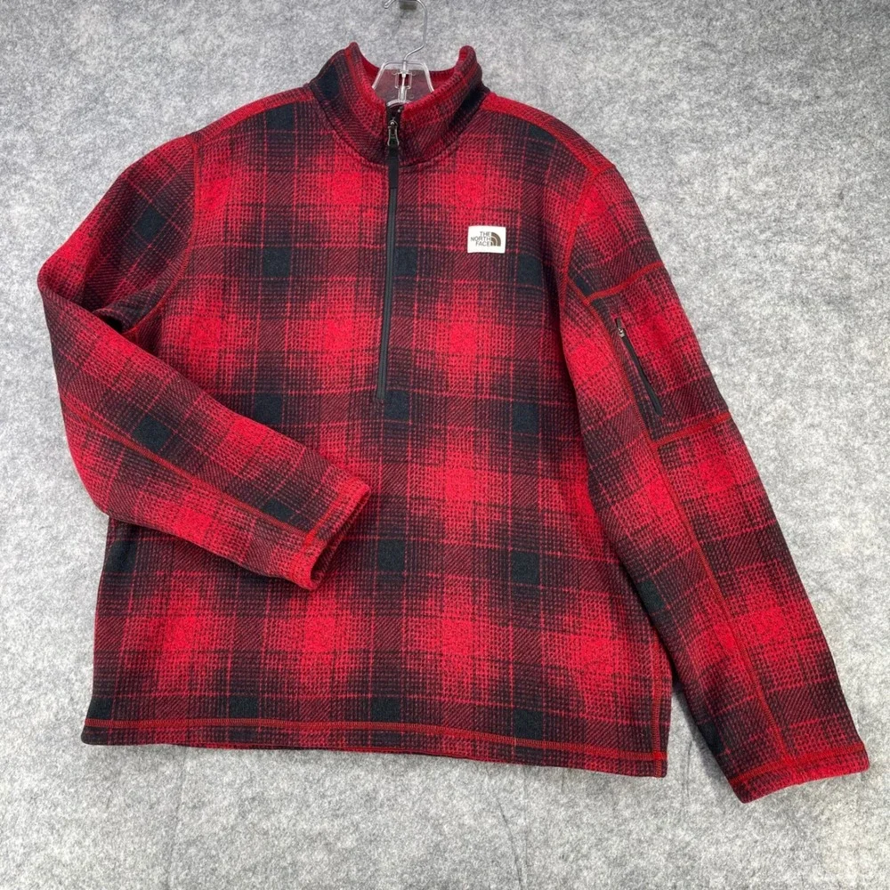 The North Face Pullover Mens XL Red  Buffalo Plaid 1/4 Zip Fleece Sweater Work